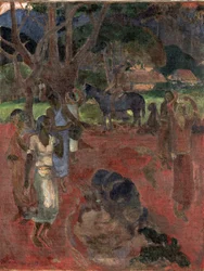 Paisaje tahitiano con nueve figuras