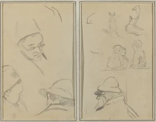 Tres estudios de cabezas de hombres, uno con gafas; perros, niños y dos hombres con barba de perfil [verso]