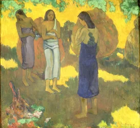 Tres mujeres tahitianas contra un fondo amarillo