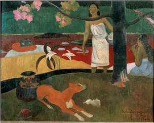 Dos mujeres tahitianas y un perro. Pastoral tahitiana.