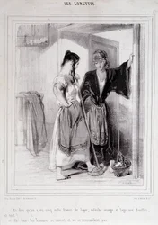 2 mujeres pobres conversando en las escaleras sobre hombres, "Les Lorettes", Gavarni, c. 1840