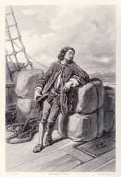 El capitán Lemuel Gulliver en el mar en su barco mercante, de la edición francesa de Los viajes de Gulliver de Jonathan Swift