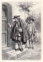 Gulliver llega a casa a las tres de la tarde y entra en la casa, de la edición francesa de Los viajes de Gulliver de Jonathan Swift