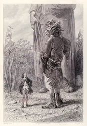 Gulliver conoce al enano de 30 pies de la Reina que está encantado de tener a alguien en la corte más pequeño que él para atormentar, de la edición francesa de Los viajes de Gulliver de Jonathan Swift