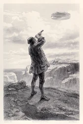 Gulliver ve la isla voladora Laputa por primera vez y la examina a través de su telescopio, de la edición francesa de Los viajes de Gulliver de Jonathan Swift