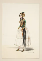 POLONAISE. Gorro, chaqueta y botines de terciopelo, adornos de oro. ...