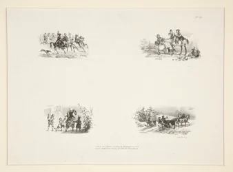 Cuatro temas: Una cabalgata; Cuatro niños; una campesina cargando a un niño pequeño; Viajeros