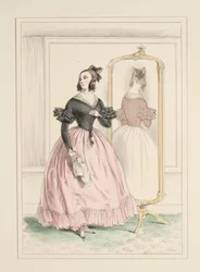Vestido de popelina, spencer de terciopelo adornado con galón de las tiendas...