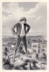 El ejército de Lilliput marcha entre las piernas de Gulliver, de la edición francesa de Los viajes de Gulliver de Jonathan Swift