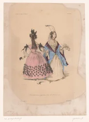 Dos mujeres en vestidos de fiesta Travestissemens originaux pour les Bals de 1834 (título sobre el objeto) Ropa imaginativa (título de la serie) Fantasías (título de la serie sobre el objeto)