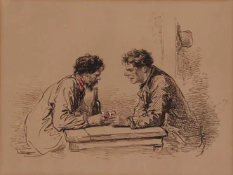Dos hombres a una mesa con vino