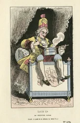 Ilustración de Hadol (1835-1875) en Histoire de France tintamarresque, ca. 1880 - Antiguo régimen - Du Barry Jeanne, Luis XV