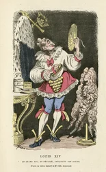 Ilustración de Hadol (1835-1875) en Histoire de France tintamarresque, ca. 1880 - Maquillaje, Antiguo régimen, Sol, Peluca - Luis XIV