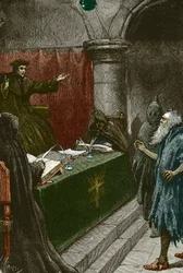 Inquisición y expulsión de los judíos de España: un judío español ante el Gran Inquisidor hacia 1492 en el momento de la publicación del Decreto de la Alhambra - Ilustración de Paul Hardy 1891 Judío español ante el Gran Inquisidor