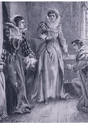 La Reina María Isabel y Courtenay: Responderé a esa pregunta, gritó María apartando el tapiz, ilustración de La Biblioteca Mundial de los Mejores Libros, c.1940