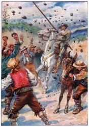 Apedrearon a Don Quijote con una lluvia de piedras, ilustración de 