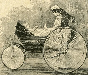 Kinder-Waerterin " (niñera) , ilustración de Paul Heydel, un cochecito va como una bicicleta, de la revista Ueber Land und Meer. Deutsche Illustrirte Zeitung ".