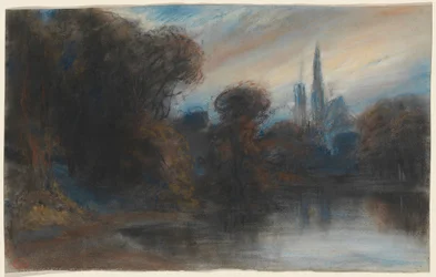 Una abadía junto a un lago arbolado al atardecer, c.1831 (pastel)