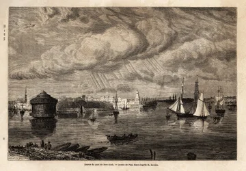La entrada al puerto de Nueva York, dibujo de Paul Huet (1803-1869), para ilustrar los viajes a América del Norte en 1854-1855, de L. Deville. Grabado en 