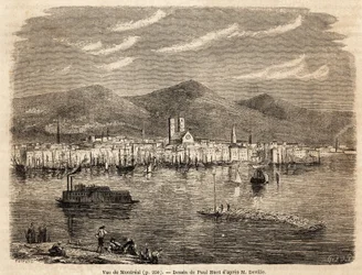 Vista de Montreal, dibujo de Paul Huet (1803-1869), para ilustrar los viajes a América del Norte en 1854-1855, por L. Deville. Grabado en “Le tour du monde” 1861. Colección Selva.