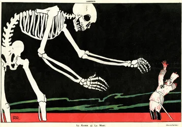 El káiser y la muerte. Primera Guerra Mundial 1914-1918: Guillermo II (1859-1941) en un mar de sangre amenazado por un esqueleto. Caricatura que destaca la estupidez alemana mecanicista y burlona, apoyando así la moral de los franceses durante la guerra.