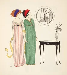 Dos vestidos de día de línea imperio de Les Robes de Paul Poiret pub. 1908