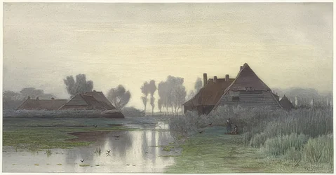 Casas de campesinos en la niebla de la mañana