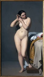 Desnudo tiene la consola. Pintura de Paul Jourdy (1805-1856), óleo sobre lienzo. Arte francés