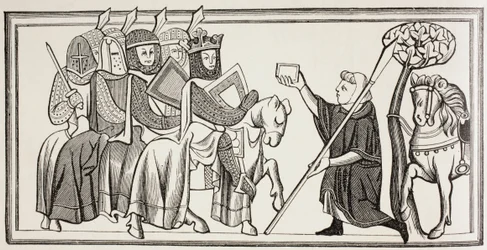 Un mensajero llega con un mensaje para un rey que está al frente de su ejército. Según una ilustración del siglo XIII.