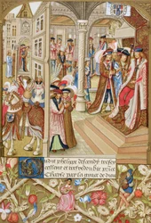 Carlos el Temerario, duque de Borgoña, 1433-1477, sentado en su trono y acompañado por sus barones y consejeros. Según un manuscrito del siglo XV, Crónicas abreviadas de Borgoña.
