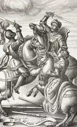 Caballería representada por figuras alegóricas. Caballeros luchando a caballo. Según una lámina de cobre del siglo XVI.