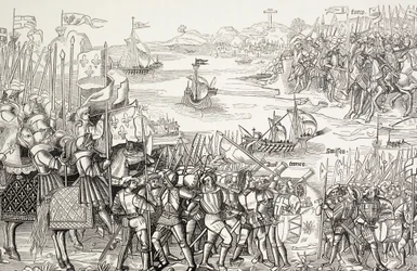 Desembarco de los cruzados en Damietta, Egipto, en 1249, durante la Séptima Cruzada.