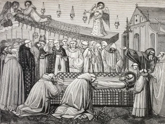 Muerte de San Benito de Nursia o San Benedetto Da Norcia, 480-547, en la abadía de Monte Cassino.