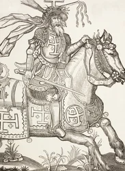 Godofredo de Bouillón, hacia 1060-1100, caballero franco medieval. Uno de los líderes de la Primera Cruzada. Aquí aparece coronado con los instrumentos de la Pasión de Cristo. Según una xilografía del siglo XV.