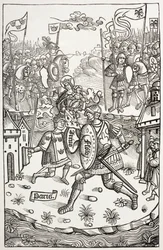 El rey Artus, o Arturo, protegido por la Virgen, luchando contra un gigante. Según una xilografía de Chroniques de Bretagne, de Alain Bouchard, publicada en 1514.