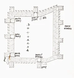 Plano de la Antioquía del siglo XIII con sus cinco puertas. Según un manuscrito del siglo XIII.