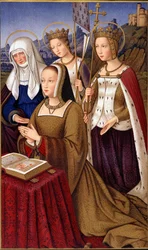 Retrato de Ana de Bretaña (1477-1514), Reina de Francia, en oración con su santa patrona Santa Ana, Santa Helena y Santa Úrsula - en “Vida militar y religiosa en la Edad Media y el Renacimiento” por Paul Lacroix, París