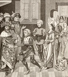 Recepción de Gautier-Sans-Avoir por el rey de Hungría, que le permite atravesar su territorio con los cruzados durante la Primera Cruzada.
