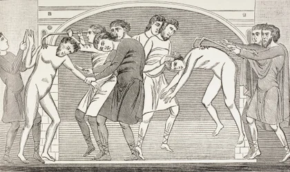 Santos Savin y Cipriano con la carne arrancada de sus cuerpos por ganchos de hierro. Según un fresco del siglo XI en la iglesia de San Savino, Vienne, Francia.