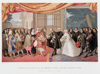 Guerra de los Treinta Años: Entrevista del Rey de Francia Luis XIV (1638-1715) y Felipe IV de España (1605-1665) en la isla de los Faisanes el 7/11/1659. España acuerda firmar el Tratado de los Pirineos. La hija de Felipe IV, María Teresa