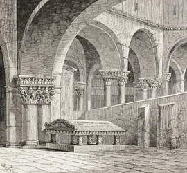 Tumba de Godofredo de Boullón, 1060-1100, tal y como existía en la iglesia del Santo Sepulcro de Jerusalén. La tumba está destruida. Según un dibujo realizado in situ en 1828.