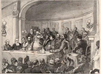 El Congreso Antiesclavista celebrado en París los días 21, 22 y 23 de septiembre de 1890 en la Sociedad de Geografía en presencia de Jules Simon, Emile Keller y Monseñor Lavigerie. Grabado según el dibujo de Paul Merwart en “Le Monde Illustré” de 1890.