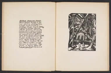 Black Poplar Pond, ilustración de "Places. 7 estampas reproducidas a partir de planchas de madera diseñadas y grabadas por Paul Nash, con ilustraciones en prosa". Londres, William Heinemann