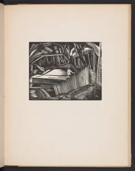 Dark Lake, ilustración de "Places. 7 estampas reproducidas a partir de planchas de madera diseñadas y grabadas por Paul Nash, con ilustraciones en prosa". Londres, William Heinemann, endpaper
