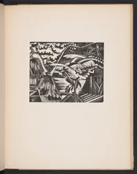 Estanque de jardín, ilustración de "Places. 7 estampas reproducidas a partir de planchas de madera diseñadas y grabadas por Paul Nash, con ilustraciones en prosa". Londres, William Heinemann