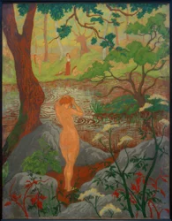 Desnudo femenino peinándose junto al estanque