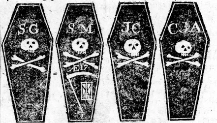 Dibujo de los cuatro ataúdes de la masacre de Boston, impreso en la Boston Gazette, 12 de marzo de 1770