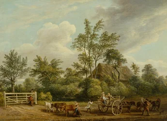 Un carro de heno con trabajadores agrícolas y ganado cerca de Easton Park, Suffolk (óleo sobre lienzo)