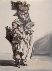 Vendedora de verduras verdes de Londres llevando a un niño, 1759