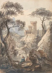 Paisaje italianizante con castillo, cascada y pescadores